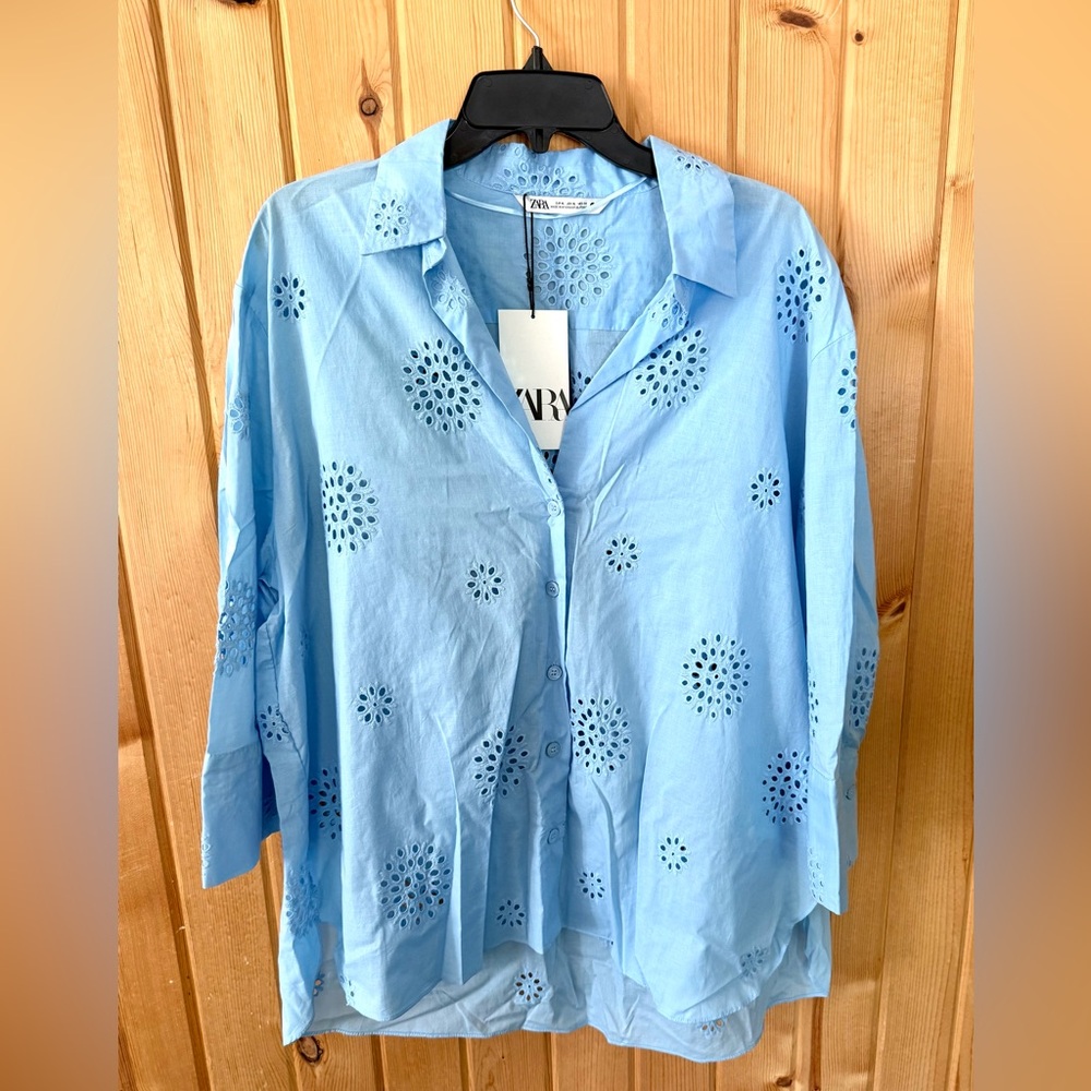 NWT Zara Sky Blue Eyelet Button-Down Shirt